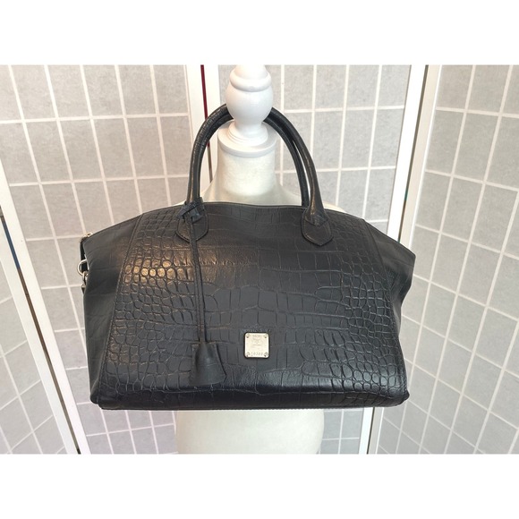 MCM Handbags - MCM Munchen Black Croc Embossed Leather Tote Gold Hardware Lock Key Designer